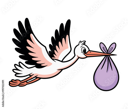 A cartoon stork flying with a purple bundle in its beak
