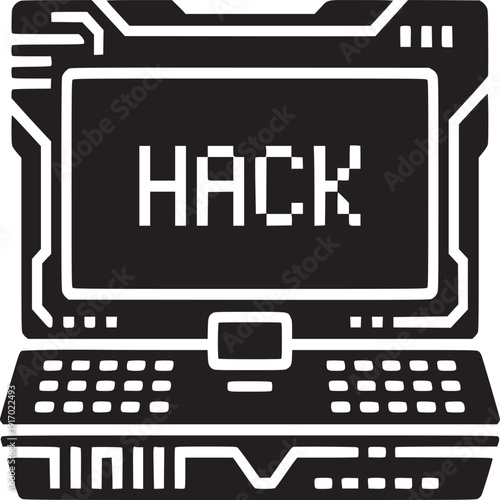 Cybercrime concept with digital laptop screen displaying 'HACK' in pixelated font for tech security campaign