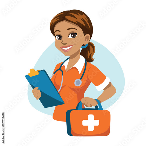 A smiling female nurse holding a clipboard and a first aid kit