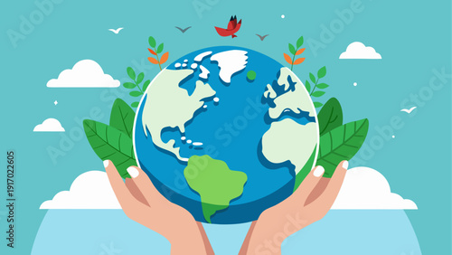 A hand gently cradling a small tree sprouting from the globe symbolizing environmental care.