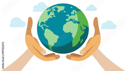 A hand gently cradling a small tree sprouting from the globe symbolizing environmental care.