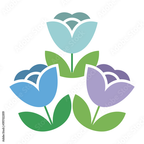 A colorful graphic illustration of three stylized tulips in blue, purple, and green hues on a white background.