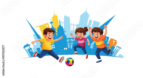 Energetic cartoon children playing soccer together celebrating success against a city skyline background