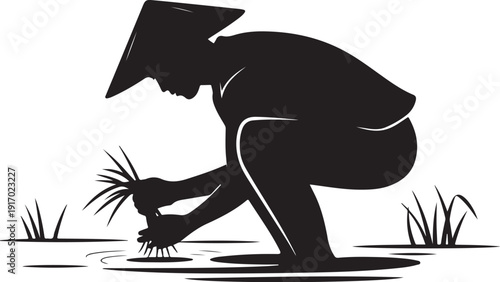 Silhouette of a person planting in water with a hat
