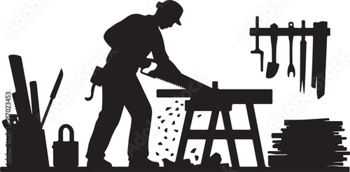 Silhouette of a person sawing wood at a workbench with tools