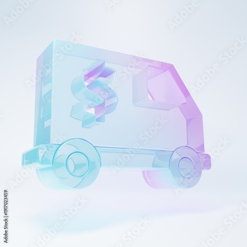 Frosted glass Armored truck icon isolated on white background. Minimalism concept. 3D render illustration