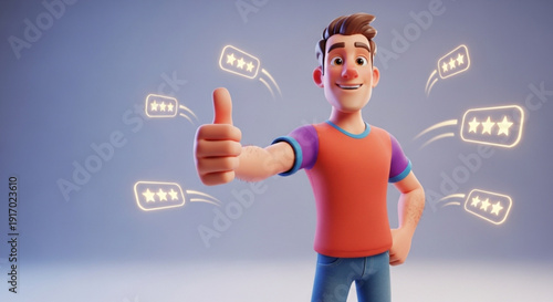 Smiling cartoon man giving thumbs up with glowing review ratings