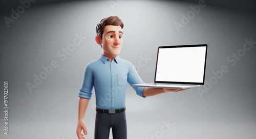 Smiling young professional presenting laptop with blank screen