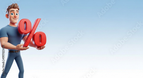 Smiling cartoon man holding a large red percent sign