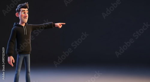 Young man pointing with cheerful expression in modern outfit