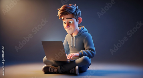 Young man working on laptop with happy expression