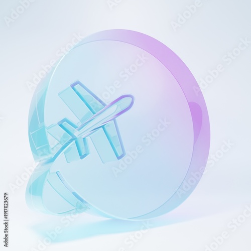 Frosted glass Globe with flying plane icon isolated on white background. Airplane fly around the planet earth. Aircraft world icon. Minimalism concept. 3D render illustration