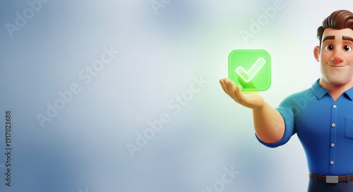 Smiling man presenting green checkmark in hand confidently