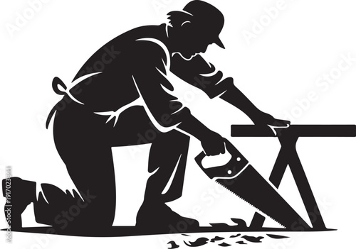 Silhouette of a person sawing wood with a hand saw