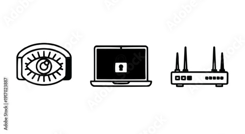 Cybersecurity icons of eye, laptop, and router in minimalist design  