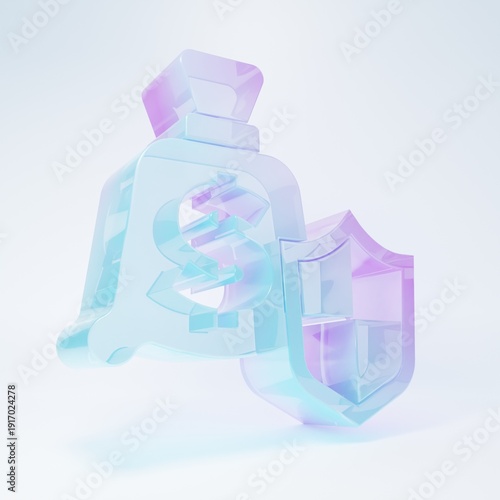 Frosted glass Money with shield icon isolated on white background. Insurance concept. Security, safety, protection, protect concept. Minimalism concept. 3D render illustration