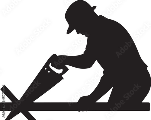 Silhouette of a person using a hand saw on a wooden plank