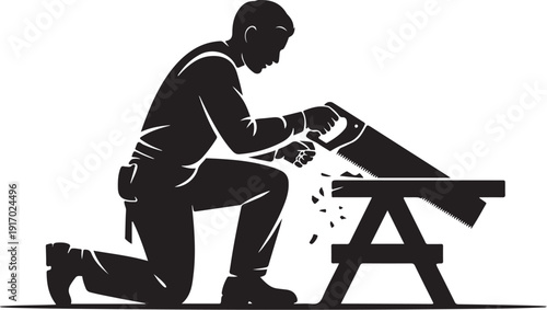 Silhouette of a person using a handsaw on a workbench