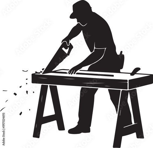 Silhouette of a person using a planer on a workbench