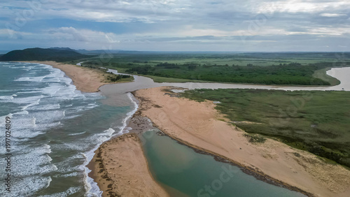 Aerial drone shot of St Lucia beach and estuary in Isimangaliso wetland park