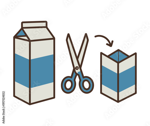 An illustration showing a milk carton being cut with scissors to create a DIY plant pot or craft project