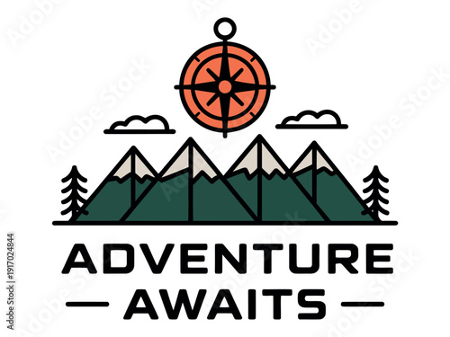 Outdoor adventure graphic features a compass above stylized mountains and pine trees promoting.