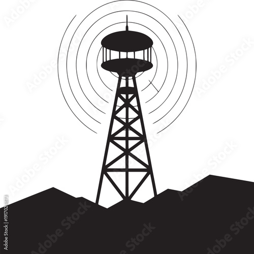 Powerful communication tower emitting signals from mountain top for broadcasting and technology solutions