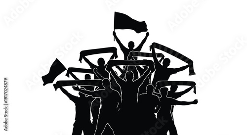 Silhouette of passionate sports fans cheering enthusiastically while waving flags and scarves high above