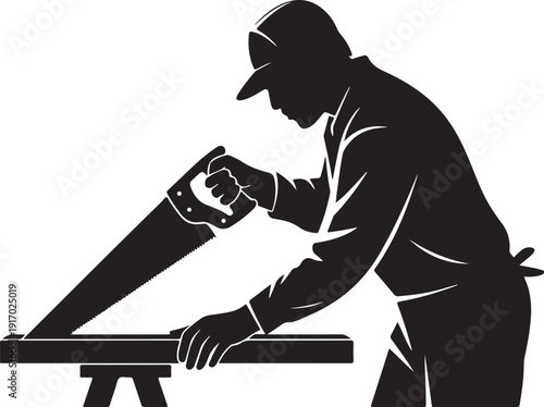 Silhouette of a person using a saw on a workbench woodworking
