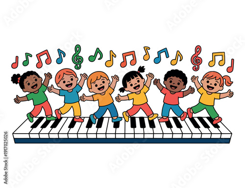 A group of happy children dancing on a piano keyboard with musical notes floating above them.