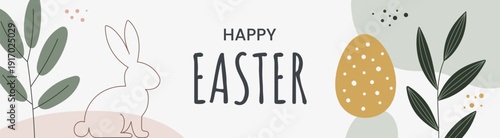 Happy Easter horizontal web banner or header with a bunny silhouette outline and golden egg in boho style. Vector illustration.