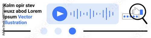 Audio play button, waveform display, magnifying glass, star rating, and text snippets. Ideal for media, reviews, feedback, technology audio platforms analytics tools simple landing page
