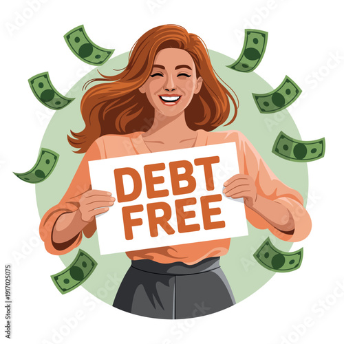 A smiling woman holding a debt free sign surrounded by money