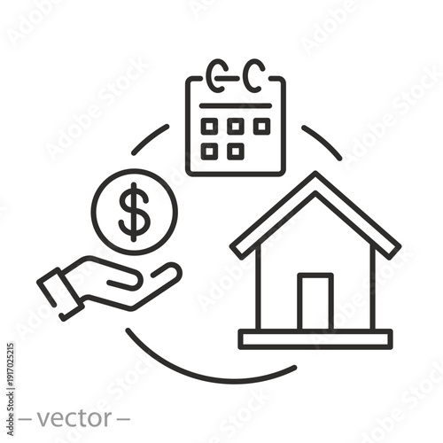 Real estate rental icon, housing payment, money, house and calendar, linear illustration on white