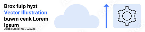 Cloud icon beside upward arrow pointing to a gear symbol, representing data transfer, cloud computing, or process automation. Ideal for cloud services, technology, innovation, startups, or a simple