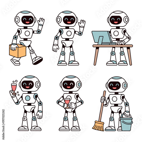 A set of cheerful cartoon robots performing various tasks and activities