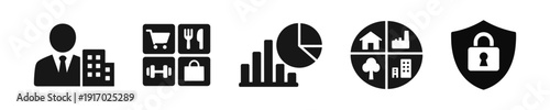 Solid black business analytics and security icon set