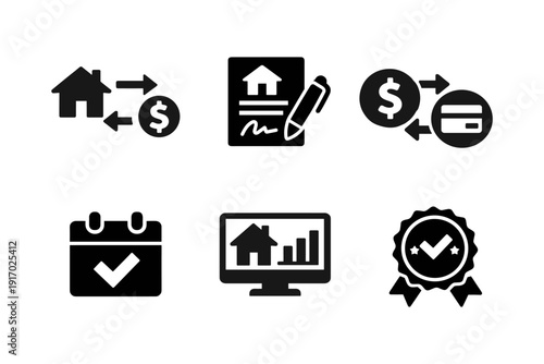 real estate payment contract approval analytics solid black icon set vector illustration