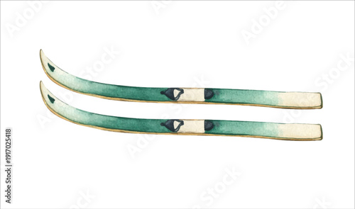 Watercolor illustration of pair green skis. Hand drawn watercolor illustration on white background. A set of green skis for Active recreation during the holidays. Sports equipment for winter hobby