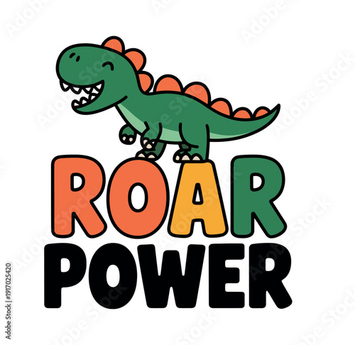 Jumping cartoon dinosaur with bright orange spikes above the bold text roar power.
