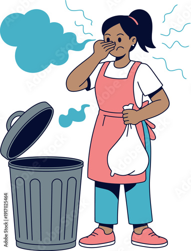 A cartoon woman covers her nose in disgust while standing next to a smelly trash can with a bag of garbage.