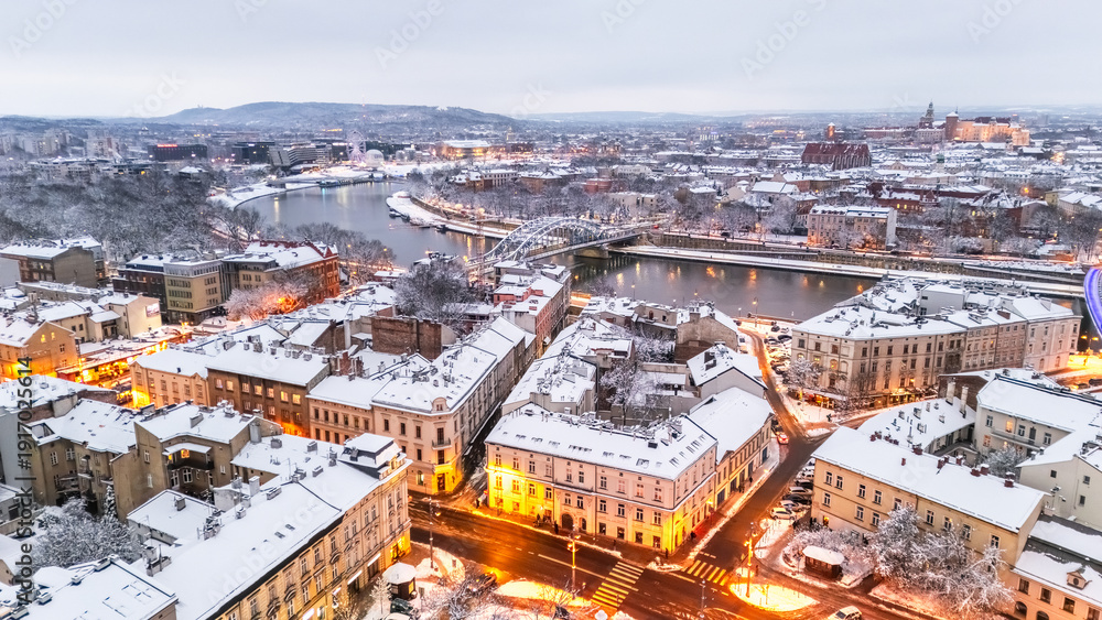 Obraz premium Aerial view of the night panorama of Krakow in winter, Poland