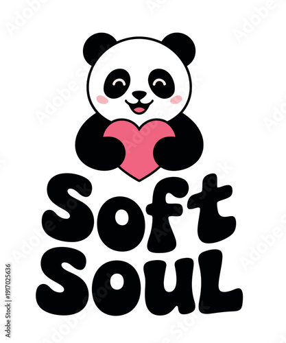 Cute cartoon panda mascot holding a pink heart above the text Soft Soul.