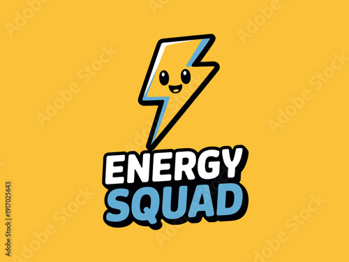 Cartoon lightning bolt mascot conveys energy squad concept against a solid yellow background.