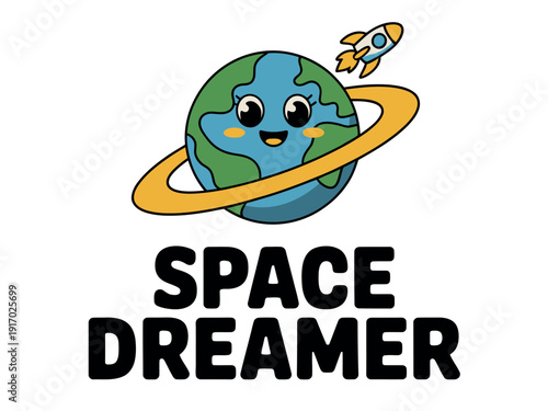 Smiling cartoon Earth planet orbiting with a small rocket flying nearby for Space Dreamer.