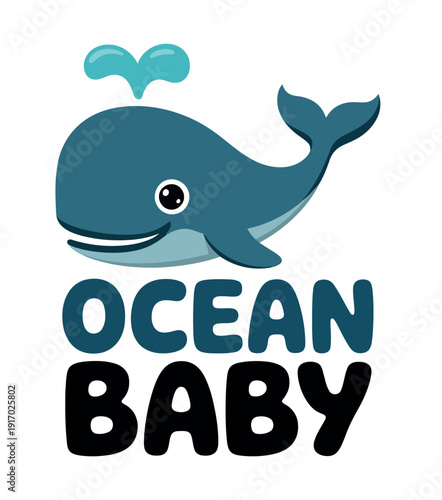 A smiling cartoon whale sprays water from its blowhole above the bold text Ocean Baby on a white.