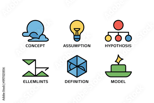 Conceptual icons represent research steps like assumption, hypothesis.