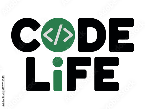 Stylized coding text features angle brackets inside a green circle representing programming life.