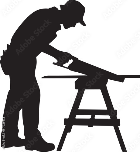 Silhouette of a person working with a saw on a workbench