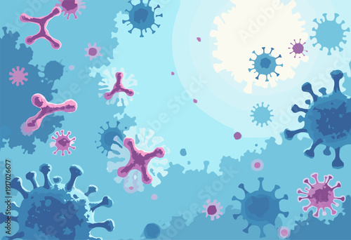 Immunology slide background Yshaped Antibody proteins floating soft blue gradient Faint virus targets distance